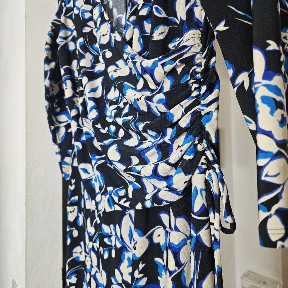 Evan Picone Floral Black Blue Cream Faux Wrap Dress size 14 - Picture 3 of 6